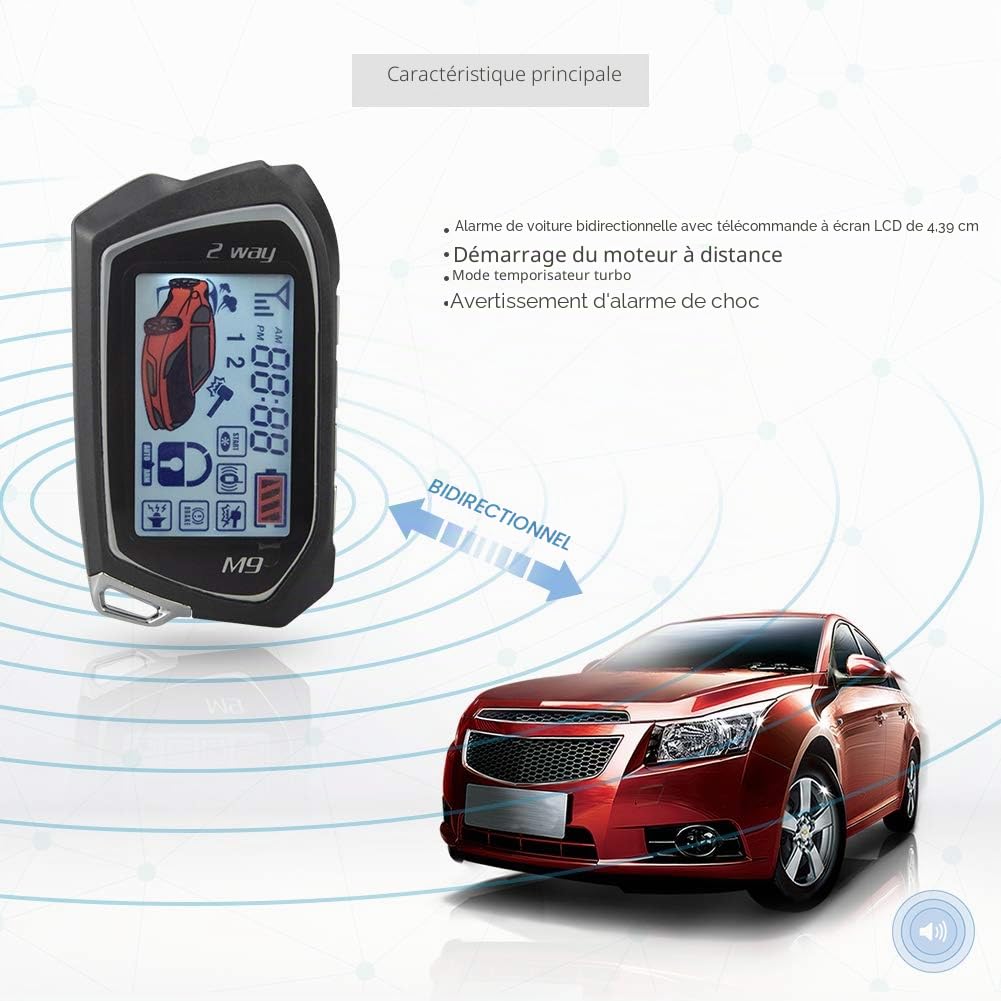 EASYGUARD Système d'alarme de voiture 2 voies EC201-M9 avec écran LCD de 1,75 pouces grand écran de téléavertisseur de choc DC 12 V