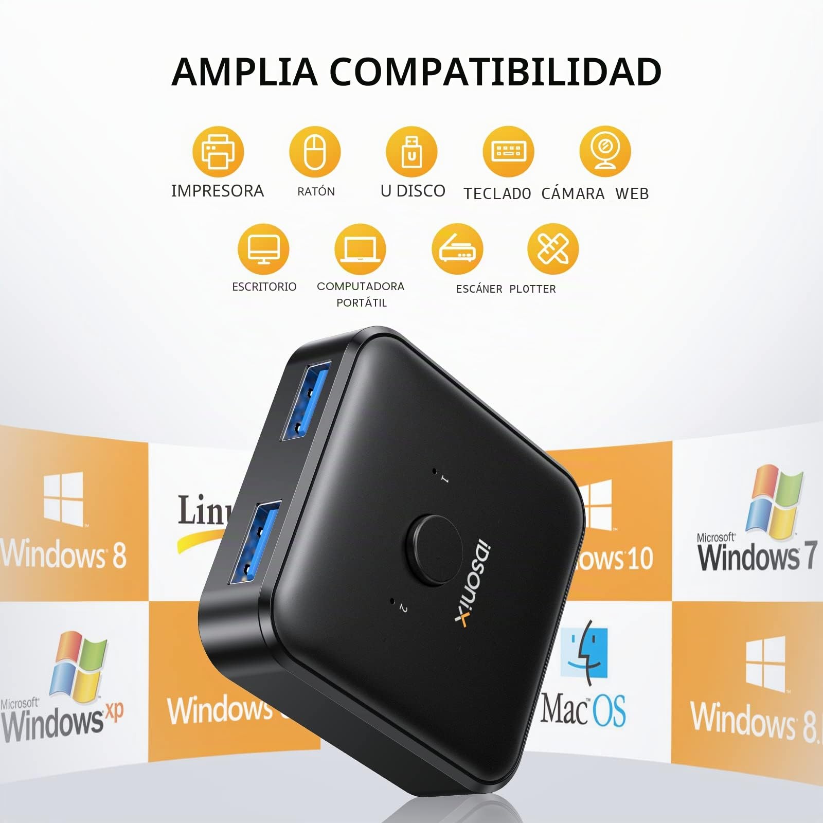 iDsonix USB 3.0 Selector de Interruptor, USB Switch 2 en 1 Salida (1 en 2 Salida) Bidireccional 2 USB Sharing Switch para PC, Impresora, escáner, Teclado