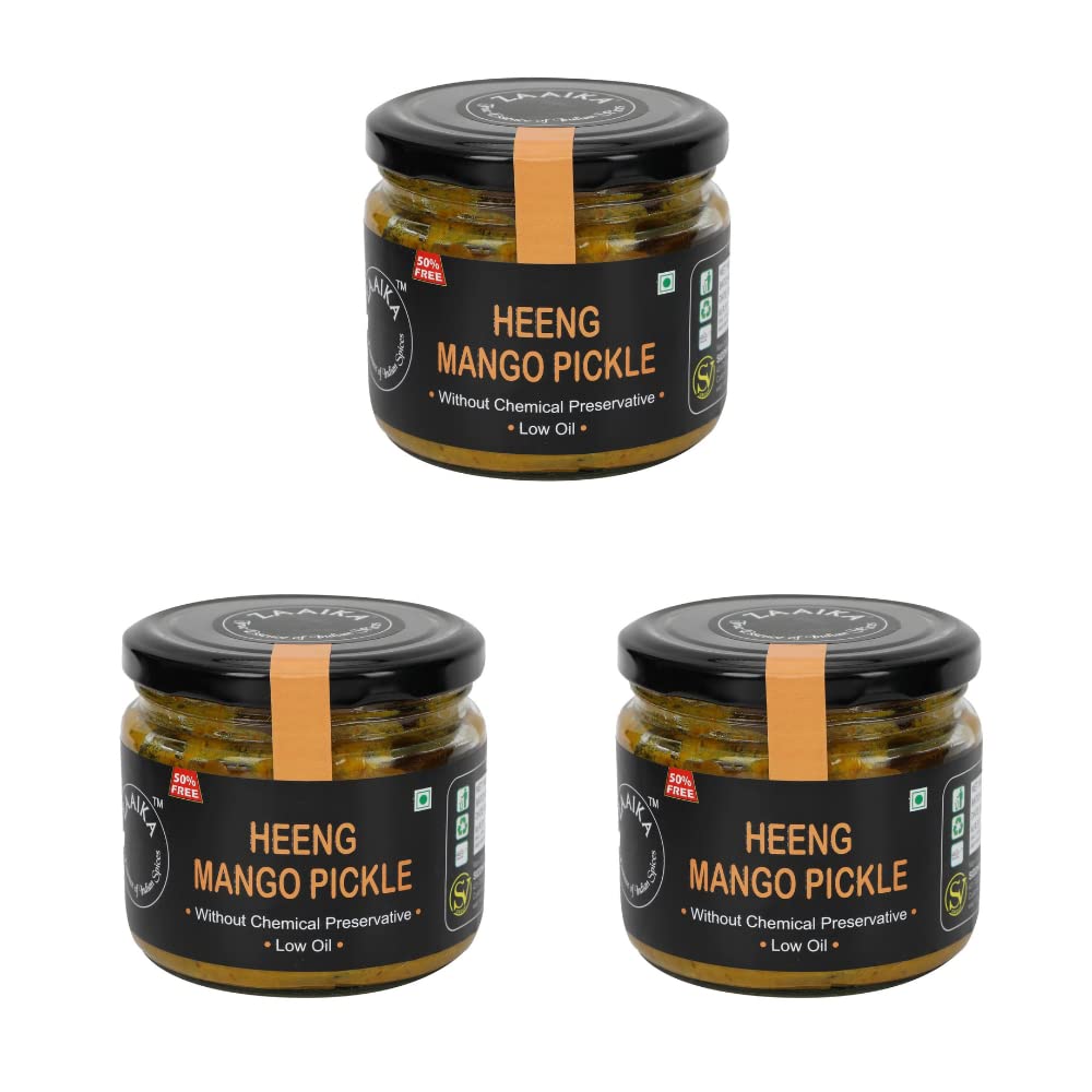 ZAAIKAHeeng Mango Pickle Low Oil Home Made Achaar No - 900 Grams (Heeng Mango Pickle Pack of 3 Each of 300 GM)