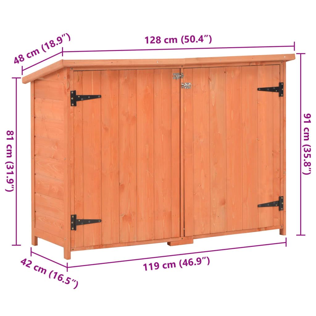 Holz Geräteschuppen 128 x 42 x 91 cm Garten Schuppen, Gerätehaus für Fahrrad, Werkzeughaus mit 2 Türen und 2 Regalen, wetterfestes Dach für Ordnung