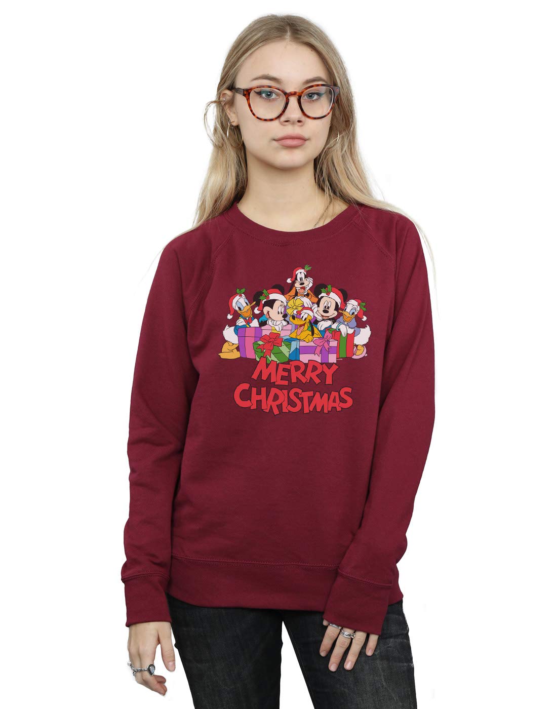 Disney Women's Mickey Mouse And Friends Christmas Sweatshirt Burgundy Medium