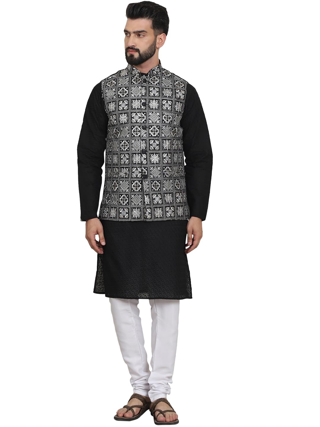 (Since 1958 Men's Cotton Chikankari Kurta and White Pyjama with Embroidered Nehru Jacket-image-49