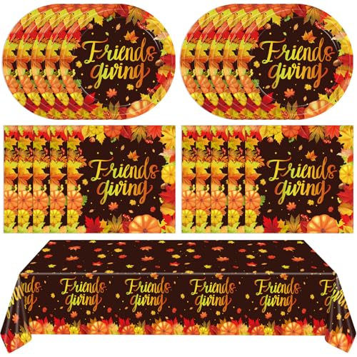 Image of 41 PCS Fall theme Thanksgiving Party Supplies Kit,Happy Friendsgiving Tableware Include Dessert Plates, Napkins,Tablecloth Autumn Harvest Disposable Dinnerware For Autumn Thanksgiving Party