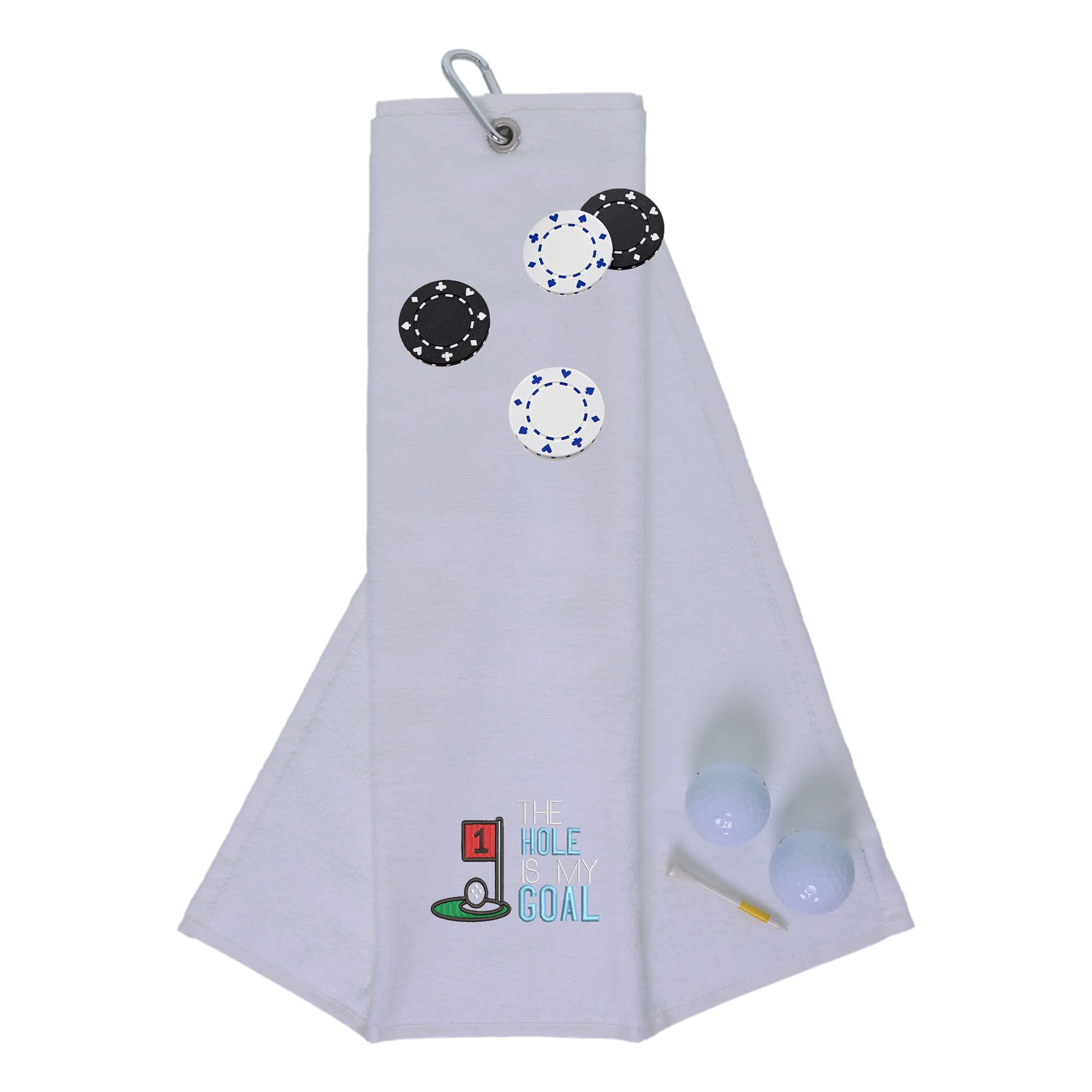 Funny Trifold Golf Towel and Poker Chip Marker Set Gift for Men, Carabiner Clip for Golf Bags, Hole is my Goal, White