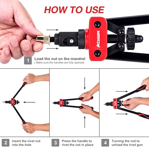 Miniatura 6 de AOBEN Herramienta de tuerca de remache de 14 pulgadas kit profesional de remachador de tuercas de mano de obra y diseño compacto que incluye 6