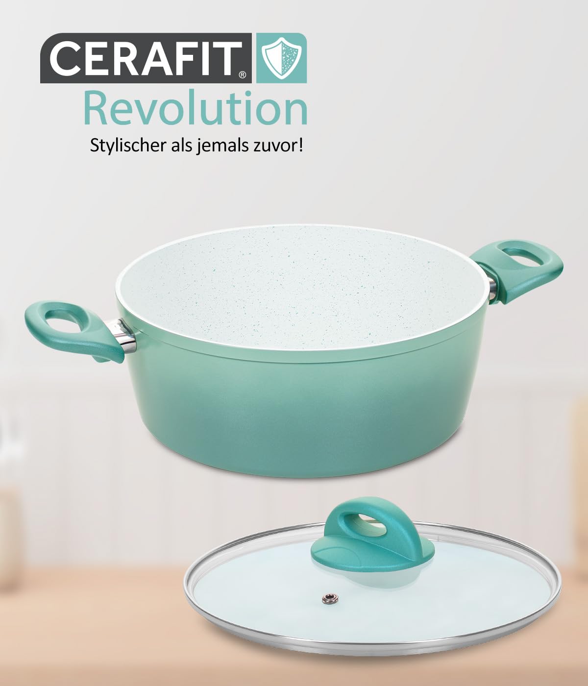 Cerafit Revolution Pfannen Set 7-tlg. 20+24+28 CM, 2 Glasdeckel, Viles Einleger, Keramik antihaftbeschichtete Bratpfanne, abnehmbarer Griff, alle Herdarten Induktion Backofen Spülmaschinen geeignet