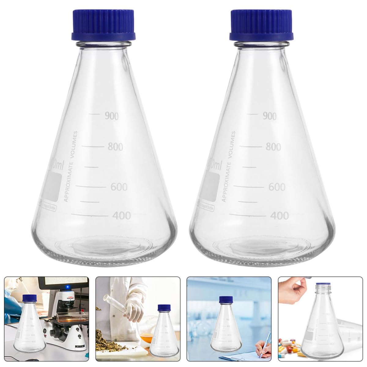 jojofuny Bottiglie Coniche per Reagenti in Vetro da 1000ml, 2 Pezzi Tappi Blu, senza Bolle e Facili da Osservare, per Lezioni di Chimica e Applicazioni Scientifiche