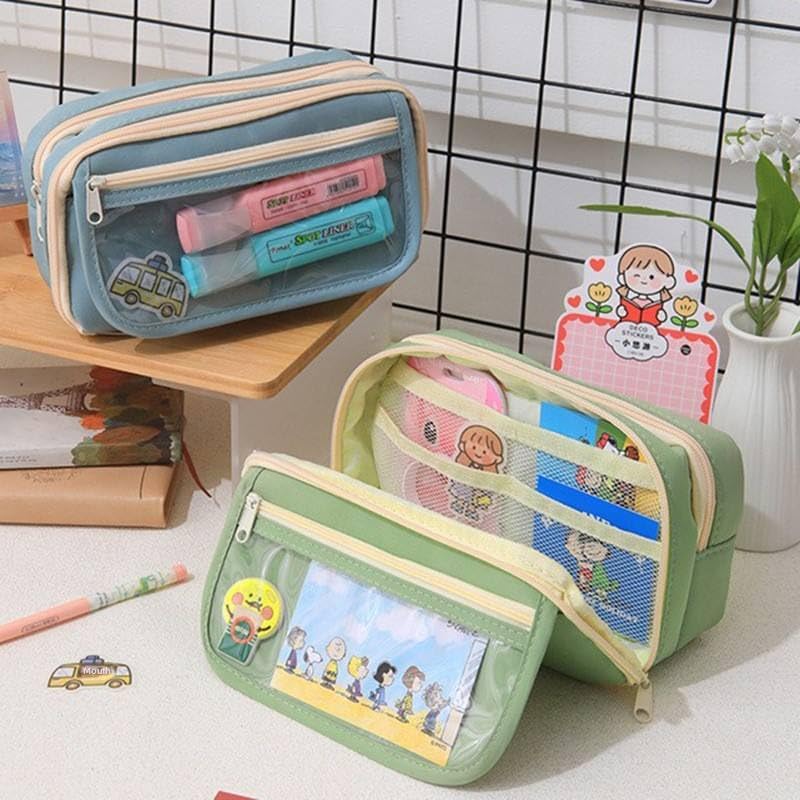 Image of Canvas School Bag Pencil Case, 3 Layer 6 Compartment Large Capacity, Aesthetic Pencil Pouch for Stationary, Cute Stationery for Kids, Pencil Case for Girls & Boys (Green T)