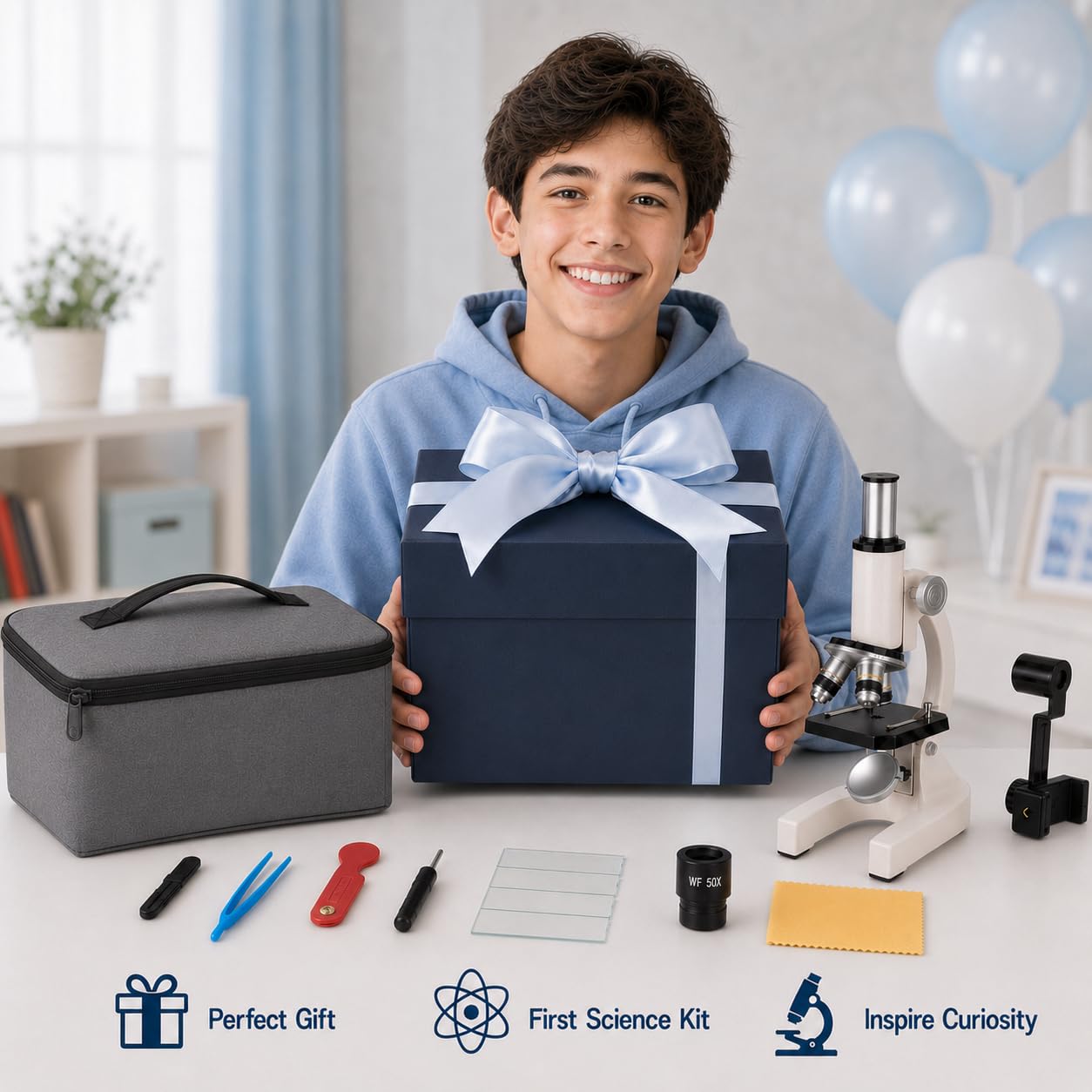 Microscopio 200X-5000X, microscopio ottico biologico composto con set di diapositive e adattatore per telefono, attrezzatura per l'educazione scientifica per studenti e principianti