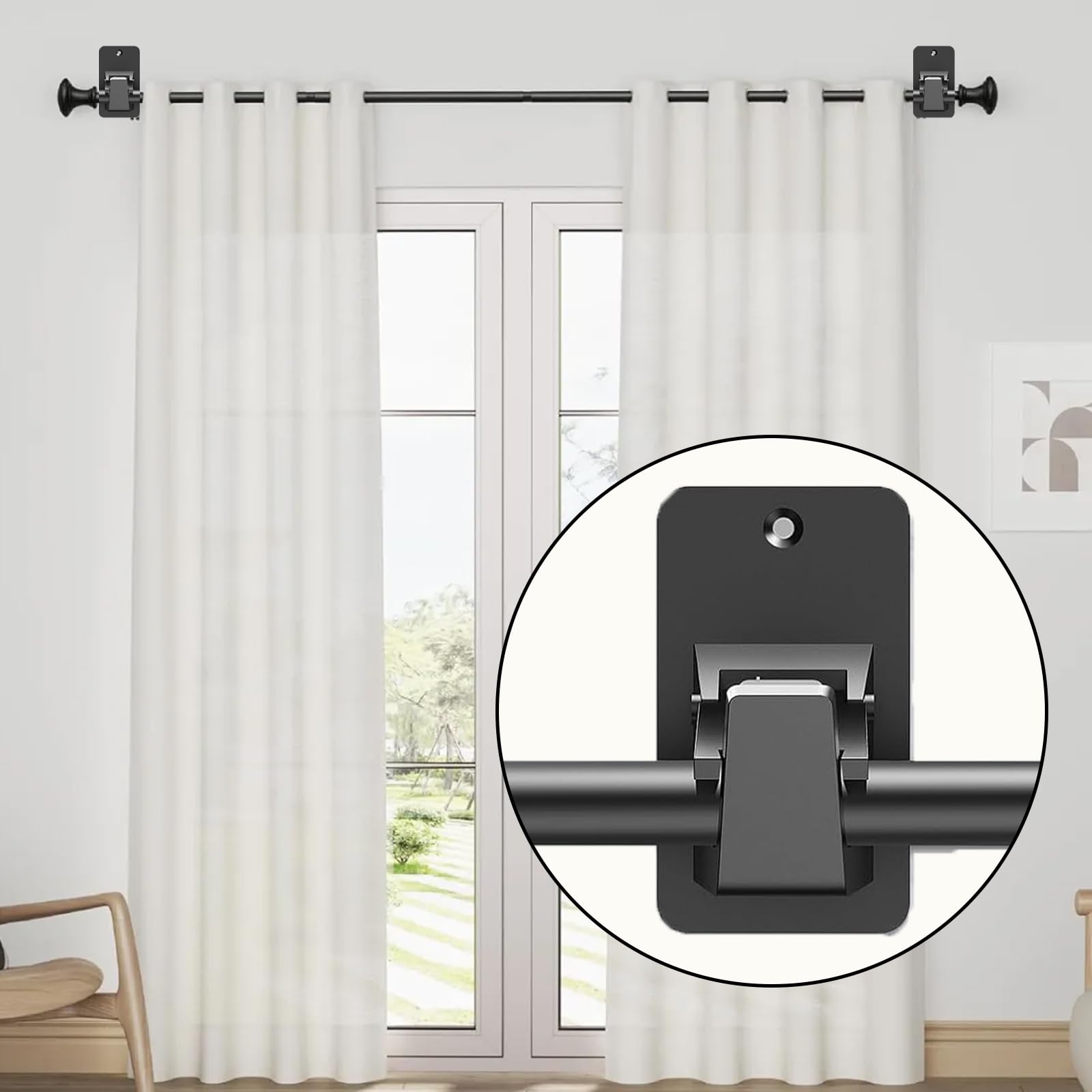 2 Pezzi Supporto per Bastone per Tenda,Ganci Adesivi per Tende con Viti,Staffe per Tende per Soggiorno,Bagno,Camera da Letto(Nero)