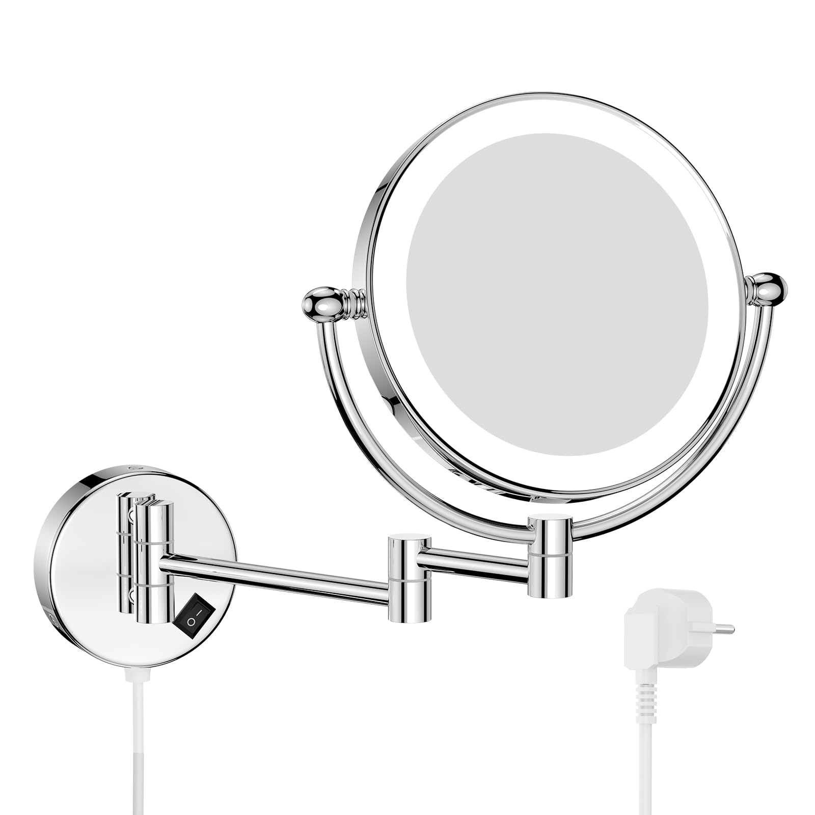 Nicesail Espejo Maquillaje con Luz y Aumento 5X Plata - Montaje Pared - con Enchufe - Doble Cara - Espejo Extensible para Afeitado o Maquillaje Preciso,Diámetro 20 cm