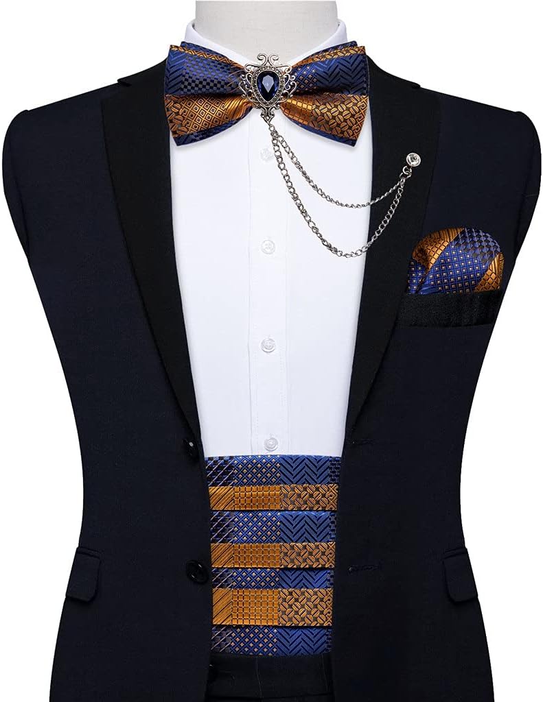 Solid Men Cummerbund Bow Tie Pocket Square Cufflinks Set Men Tuxedo Suit Accessories Elastic Belts for Men