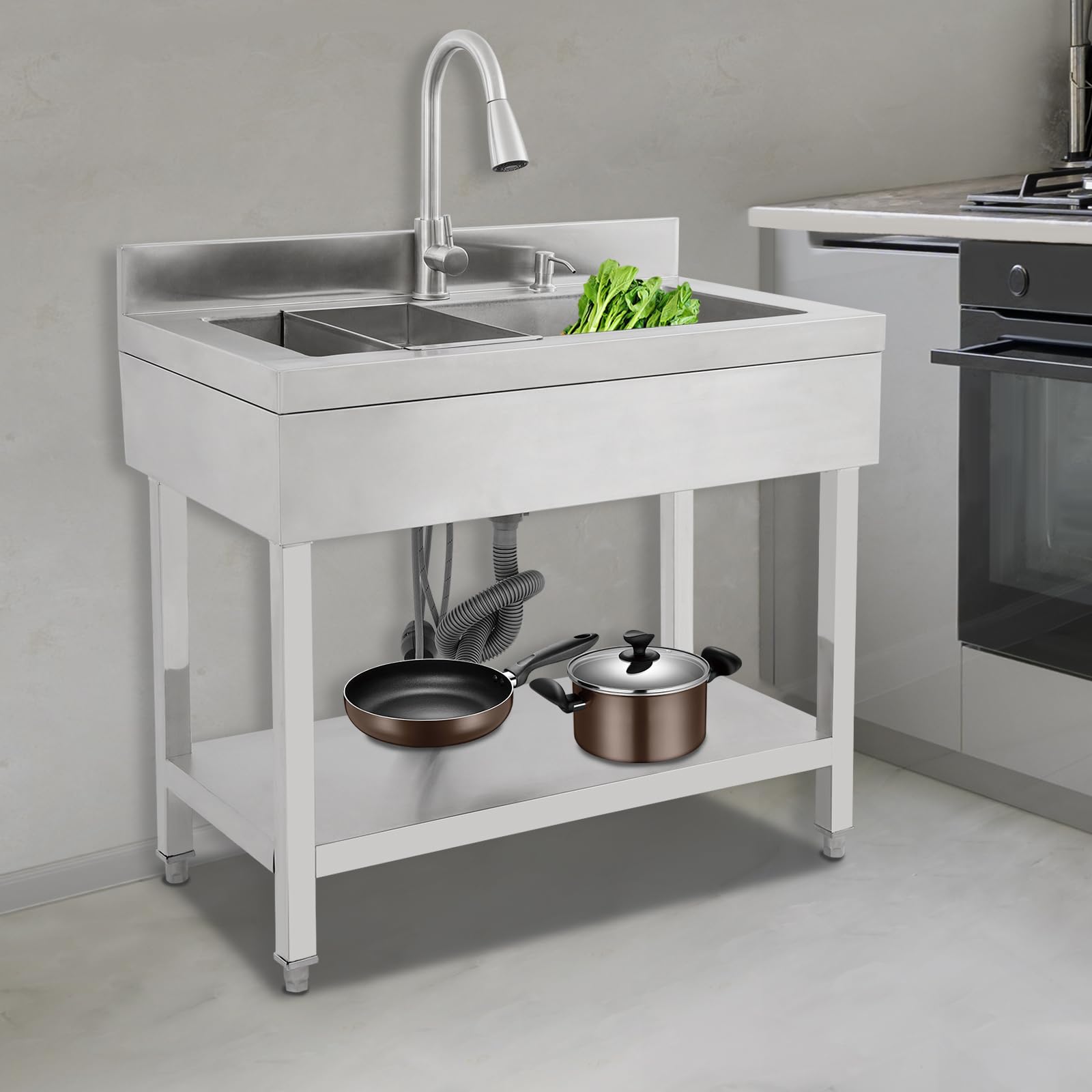 Fregadero de cocina de acero inoxidable independiente, 1 lavabo, fregadero de cocina comercial con grifo con mangueras de agua fría y caliente, fregadero para exteriores, para garaje, lavandería
