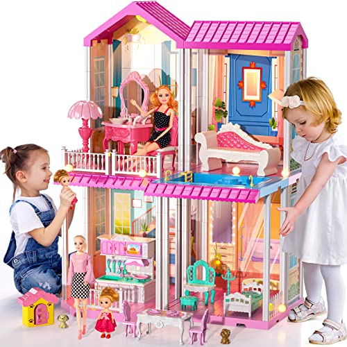 TEMI Dreamhouse Doll House Girls Toy for 4-5 Year Old - 2-Story 4 Rooms Dollhouse with 12-inch Large Doll, Doll House 7-8 Furniture & Accessories with Pool, for Kids Ages 3+