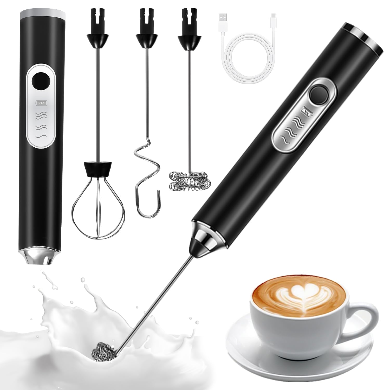 3 en 1 Espumador de Leche Batidora de Leche Espuma USB Recargable Batidora de Leche con 3 Varillas, Regulable en 3 Velocidades, Batidora de Leche Portátil para Huevos, Café, Lattes, Capuchino