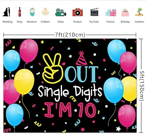 Miniatura 6 de Lofaris Fondo de 7 x 5 pies con un solo dígito con texto en inglés "I'm 10" Happy Birthday para niños, niños o niñas, globo de colores de doble