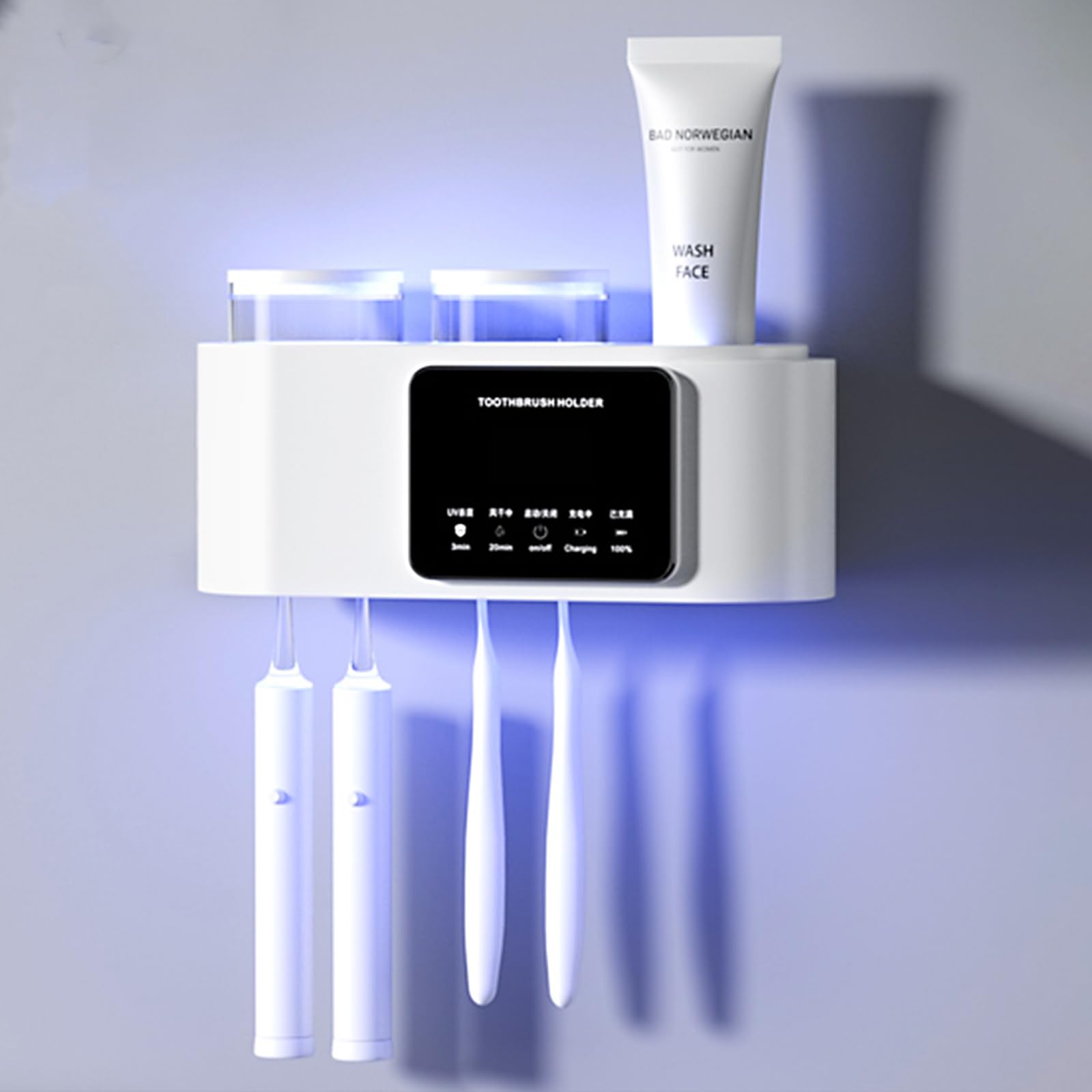Soporte inteligente para cepillos de dientes para baños, soportes para cepillos de dientes eléctricos con carga solar, soporte para cepillo de dientes montado en la pared con 2 tazas y 4 ranuras para