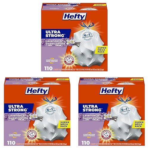 Hefty Ultra Strong 13 Gallon Trash Bags, Tall Kitchen Trash Bags 13 Gallon Size, Drawstring Closure, Continuous Odor Control, White, Lavender and Sweet Vanilla Scent, 110 Bags (Pack of 3) - 110 Count (Pack of 3) - Lavender & Sweet Vanilla