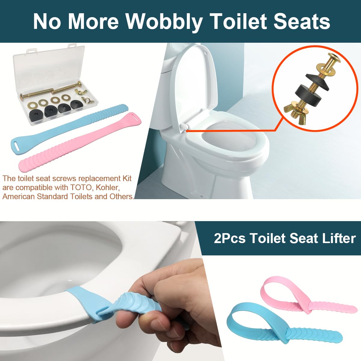 Toilet Seat Screws Replacement Kit Toilet Seat Bolts Replacement Kit Metal Toilet Seat Fastener with Toilet Seat Lifter — view 5