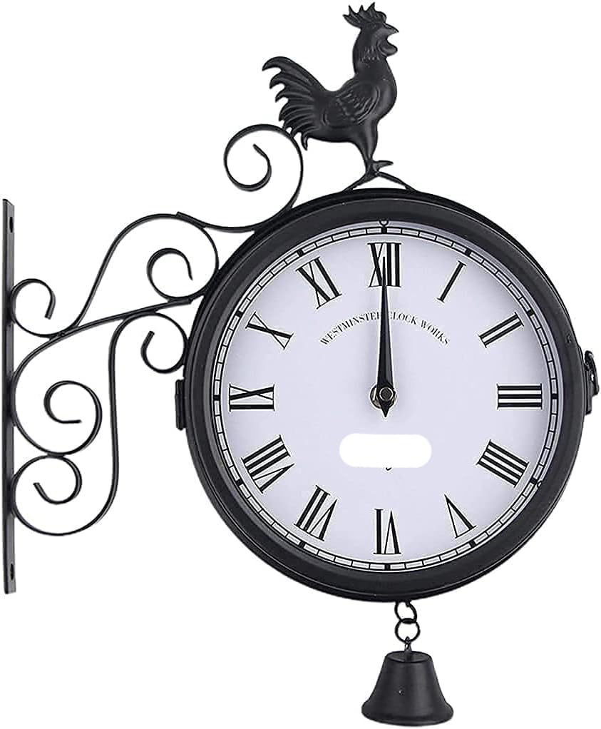 MYUYEE Retro Double-Sided Wall Clock, Outdoor Garden Station Clock Weatherproof Station Clock with Decorative Rooster, Indoor Living Room Decoration Silent Movement with Decor