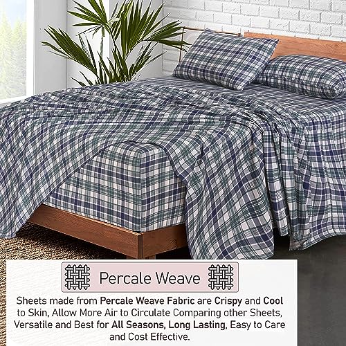 RUVANTI 100% Cotton Twin Sheets Set, 3 Pieces, Soft & Breathable Percale Weave Bedding, Deep Pocket 16", Hotel Standard, Crisp Cool Feel, Durable, Perfect Plaid Bed Sheet, Greenish Blue Plaid