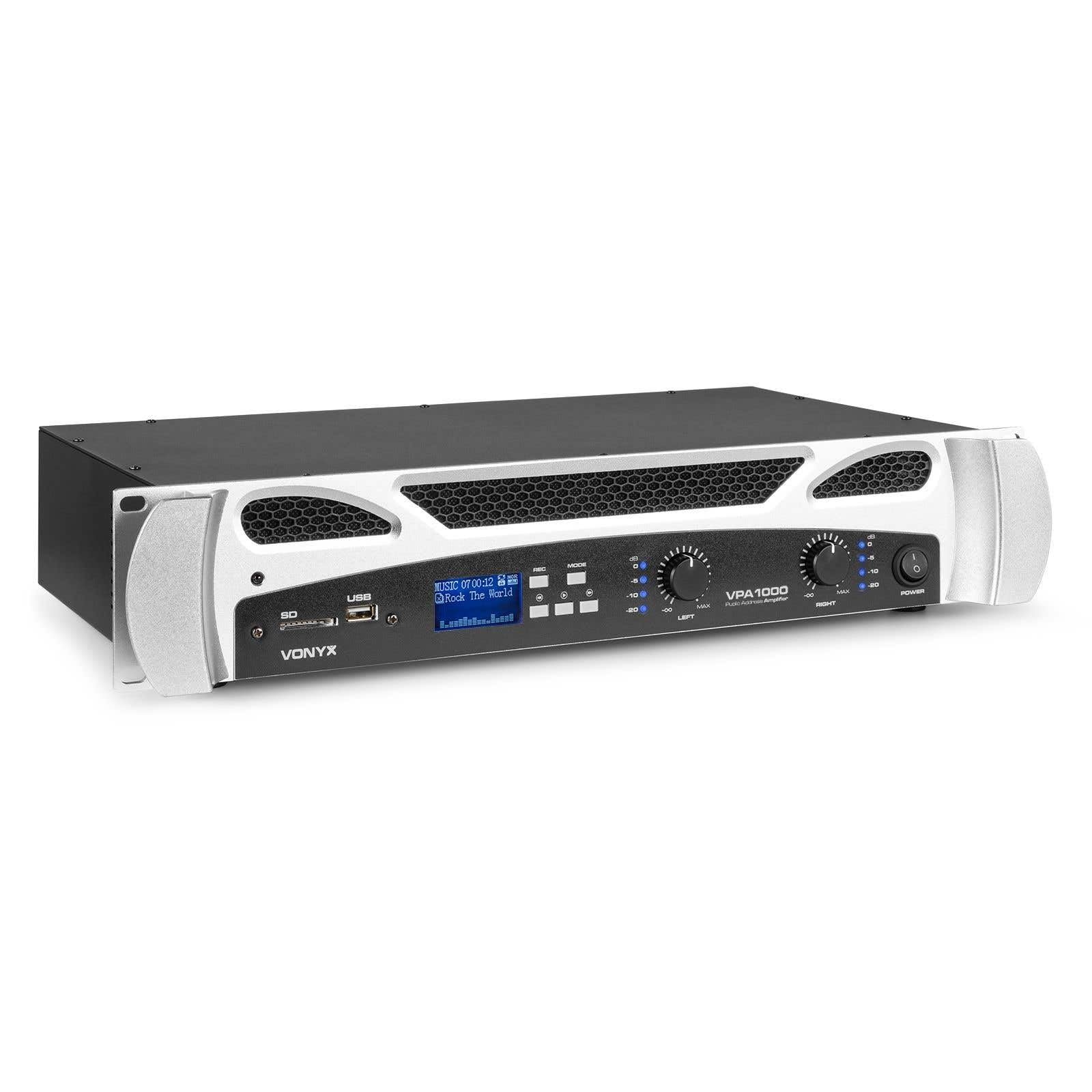 VONYX VPA1000 - Amplificateur Digital 2X 500W, Technologie sans Fil Bluetooth Intégrée, Record MP3, USB/SD, Entrées RCA, Prise Jack 6,35mm, Écran LED en Façade, Télécommande Incluse
