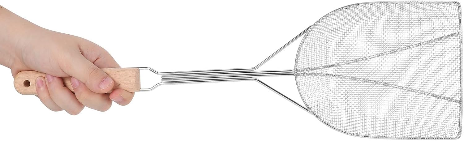 Stainless Steel Oil Filter Skimmer Spoon with Wooden Handle, 2mm Mesh Strainer for Frying and Draining, Kitchen Fat Skimmer Scoop for Cooking and Hot Pot Use