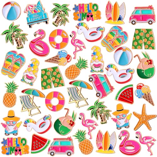 Image of Hoteam 60 Pcs Summer Lapel Pins Bulk Beach Hawaiian Tropical Enamel Pins Cartoon Cute Flamingo Flip Flops Gnome Pineapple Watermelon Coconut Tree for Backpack Hat Shirt Gifts