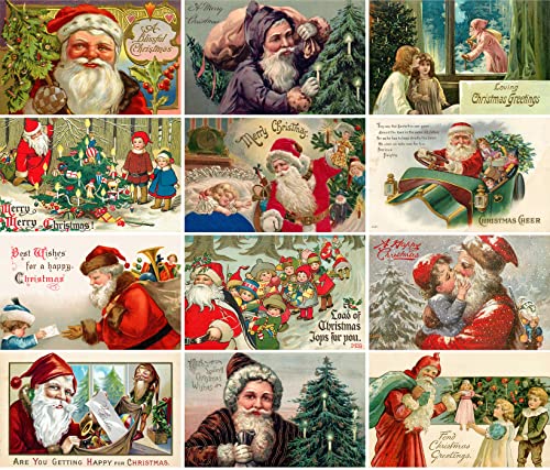 Image of PIXILUV CHRISTMAS WITH SANTA (Pack of 12) Notecards Small Greeting Cards # Vintage Santa Claus and Christmas Scenes ~ Vintage Christmas Postcards Reprint