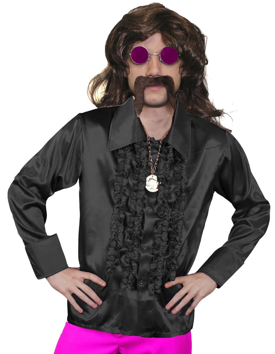 Mens 70s Disco Fancy Dress Costume, Mens Long Brown Wig, Black Disco Shirt, Gold Medallion