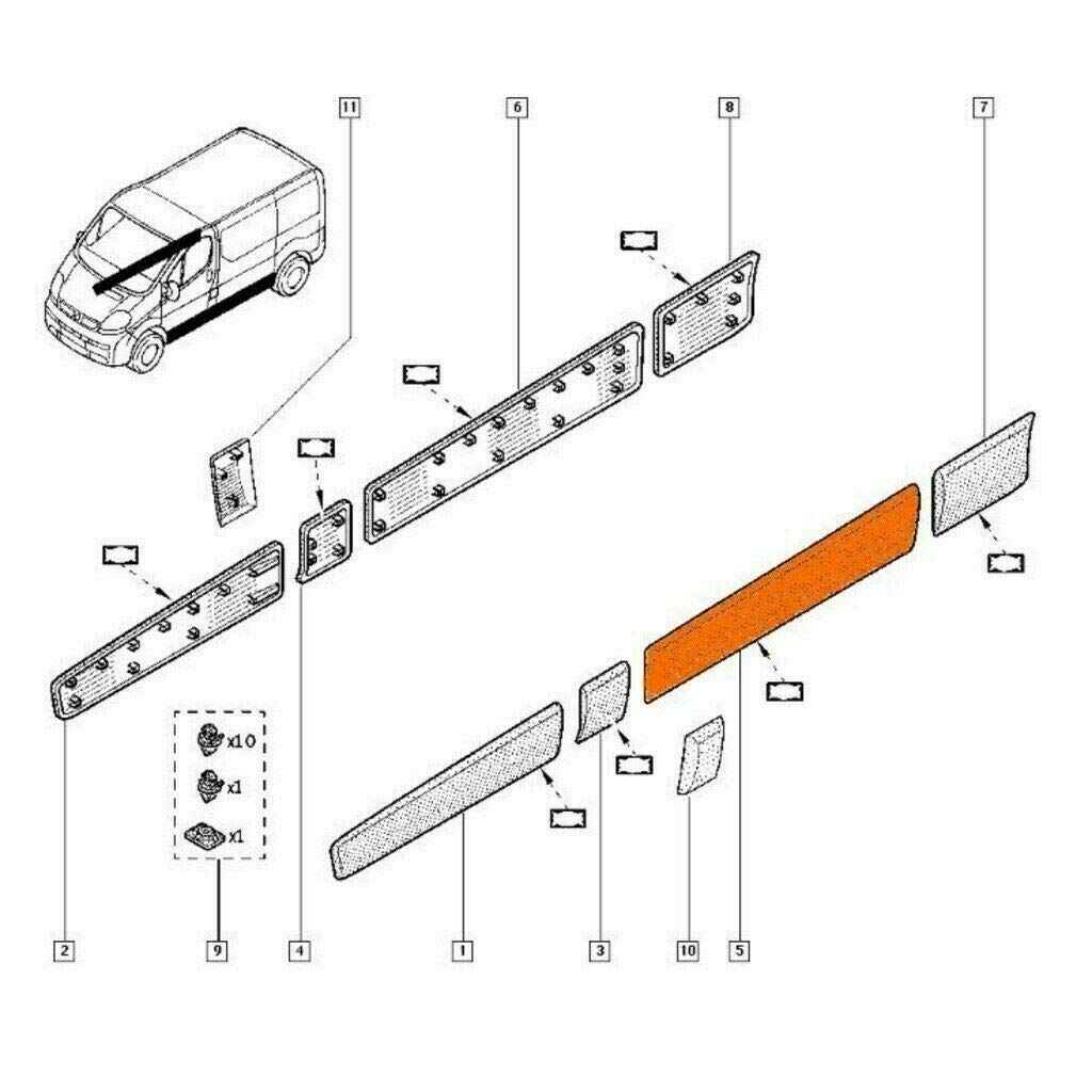 Panel de molduras de banda lateral compatible con tráfico MK2, Vivaro A, Primastar 2001-2013 OE: 8200036093, 91165348 (panel largo medio izquierdo)