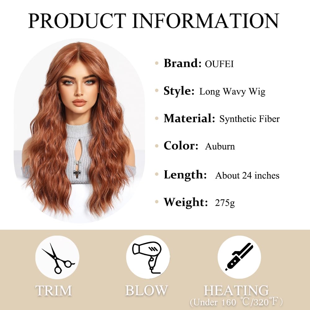 OUFEI Auburn Long Wavy Wig for Women with Curtain Bangs Natural Curly Synthetic Hair Heat Resistant Wigs for Daily Party Cosplay Wear - Image 2