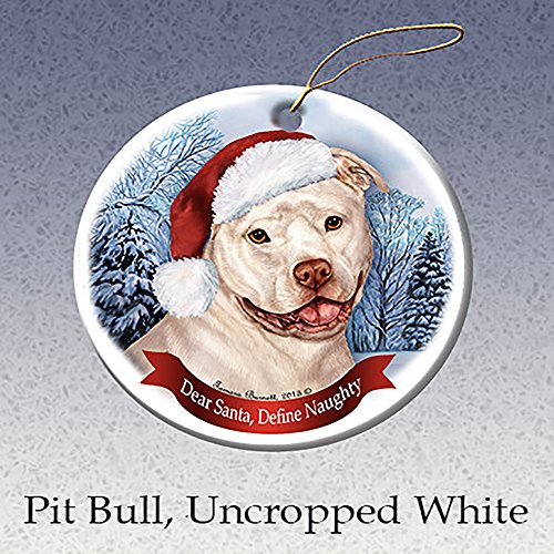 Holiday Pet Gifts White Pit Bull (Uncropped) Santa Hat Dog Porcelain Ornament