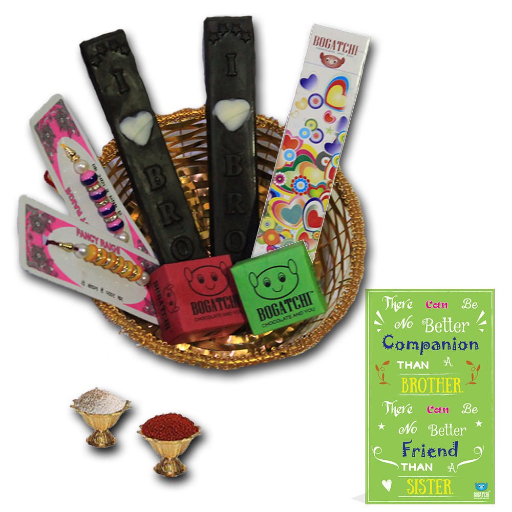 BOGATCHI Rakhi Gift Basket, 2pcs of Chocolate and 2pcs of I Love bro Chocolate bar + Free Rakhi (2pcs) + Free Rakhi Greeting Card + Free Roli Chawa-image-6