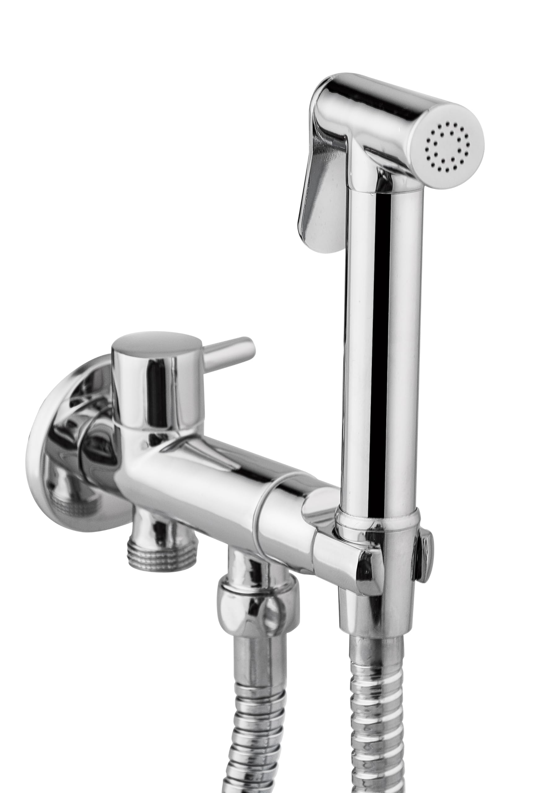 Grifo bidé visto Safe Stop 1 agua – Kit con teleducha, soporte y flexo 120 cm, conexión a la toma de la cisterna, doble salida (cisterna + bidé), cuerpo de latón cromado