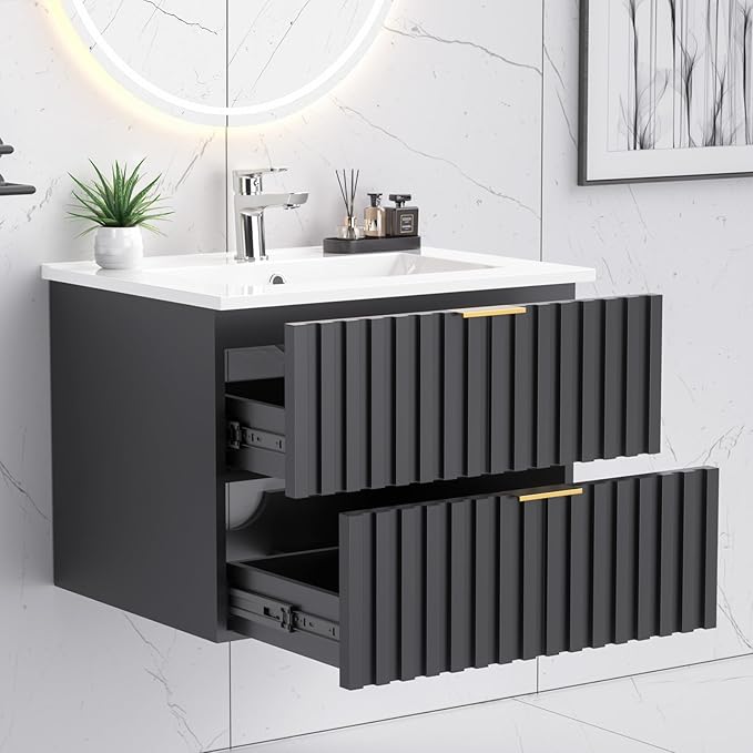 24" Bathroom Vanity with Sink Combo, Wall Mounted Black Fluted Cabinet with 2 Golden Metal Handle Drawers, Modern Floating Bathroom Cabinet with Resin Sink