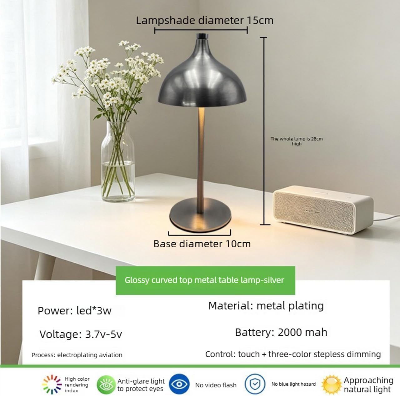 Lampada da tavolo a LED con batteria ricaricabile via USB moderna senza fili portatile 3 temperature di colore dimmerabile lampada da comodino in metallo luce notturna alimentata a batteria,Cromo