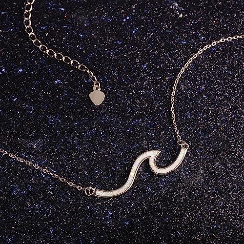 925 Sterling Silver Single Ocean Wave Necklace Pendant with 16"+2" Adjustable Link Chain, Nickel Free Hypoallergenic for Sensitive Skin, Opal Cubic Zirconia Hammered, with Gift Box2