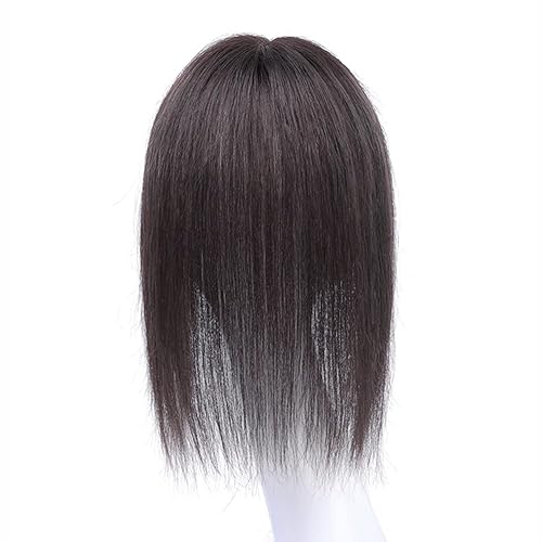 Miniatura 3 de Parte media parte de seda parte base cabello humano Topper 2.8x3.9 in frente recto clip en postizo con flecos ondulados 11.8 in negro apagado