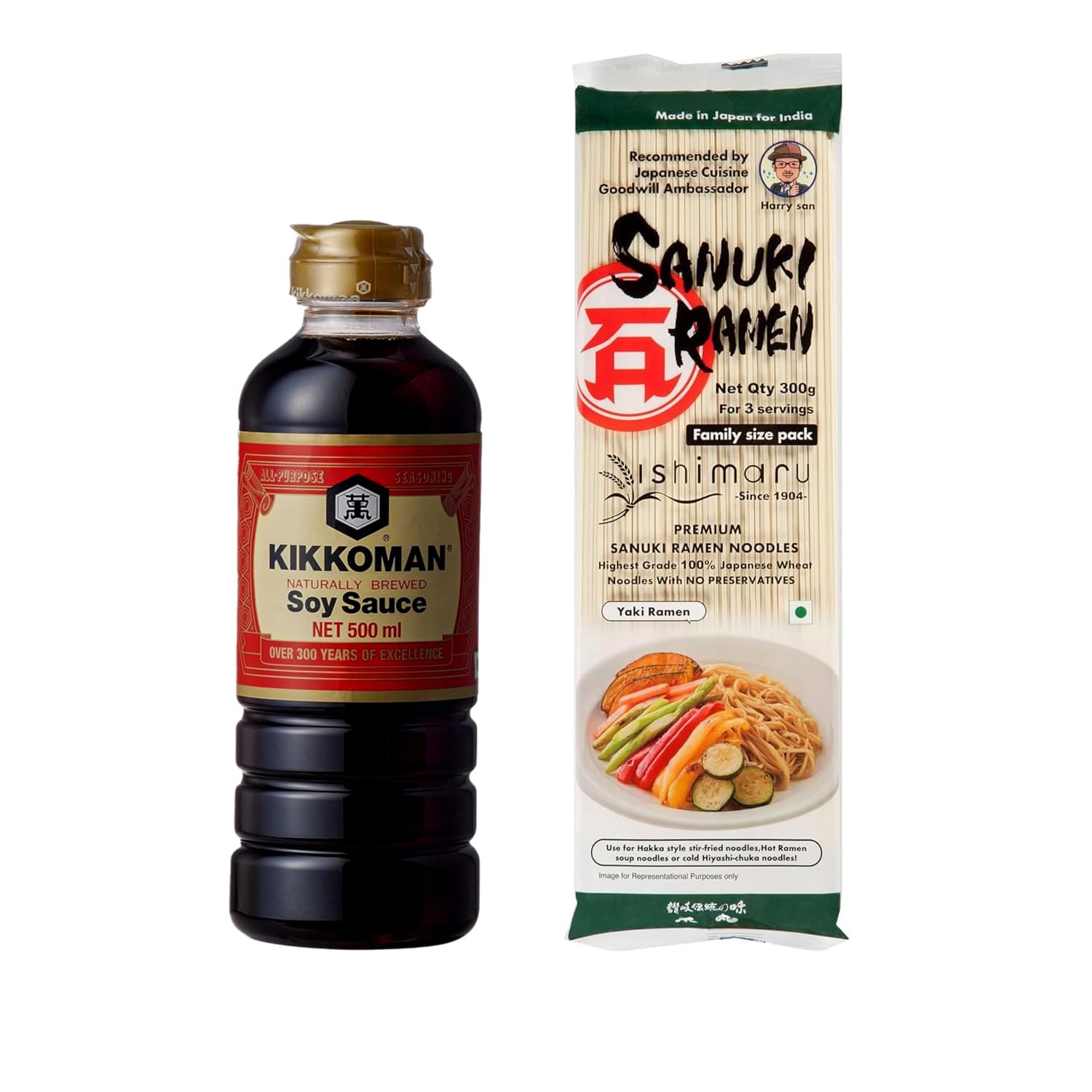 Kikkoman Naturally Brewed Soy Sauce - 500ml + Ishimaru Sanuki Ramen - 300g - Combo | All Purpose Seasoning | Made in Japan | Vegetarian, Zero Colour or Preservatives