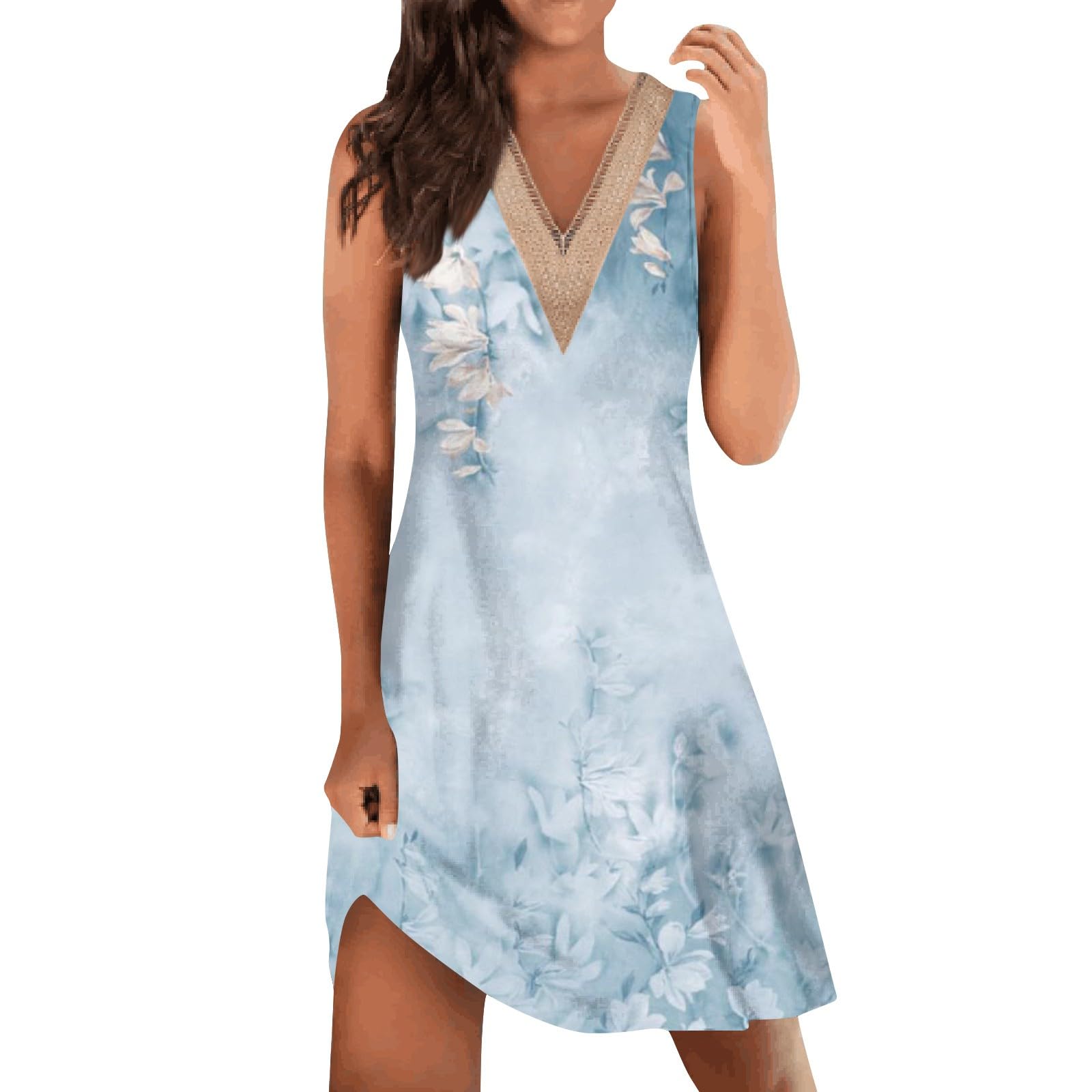 GenericWomen's Fashion Casual V Neck Lace Stitching Beach Dress Loose Sleeveless Sling Dress