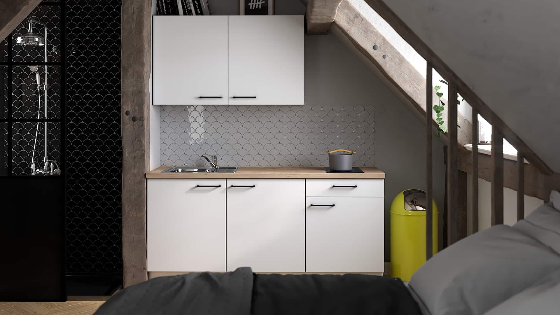 WALLERS cuisine complète 180 cm : Meubles 19mm + Plan de travail 3,8cm + Frigo intégré table top + Plaque de cuisson 2 foyers + Mitigeur (180 cm évier à gauche, Plan de travail couleur chêne)