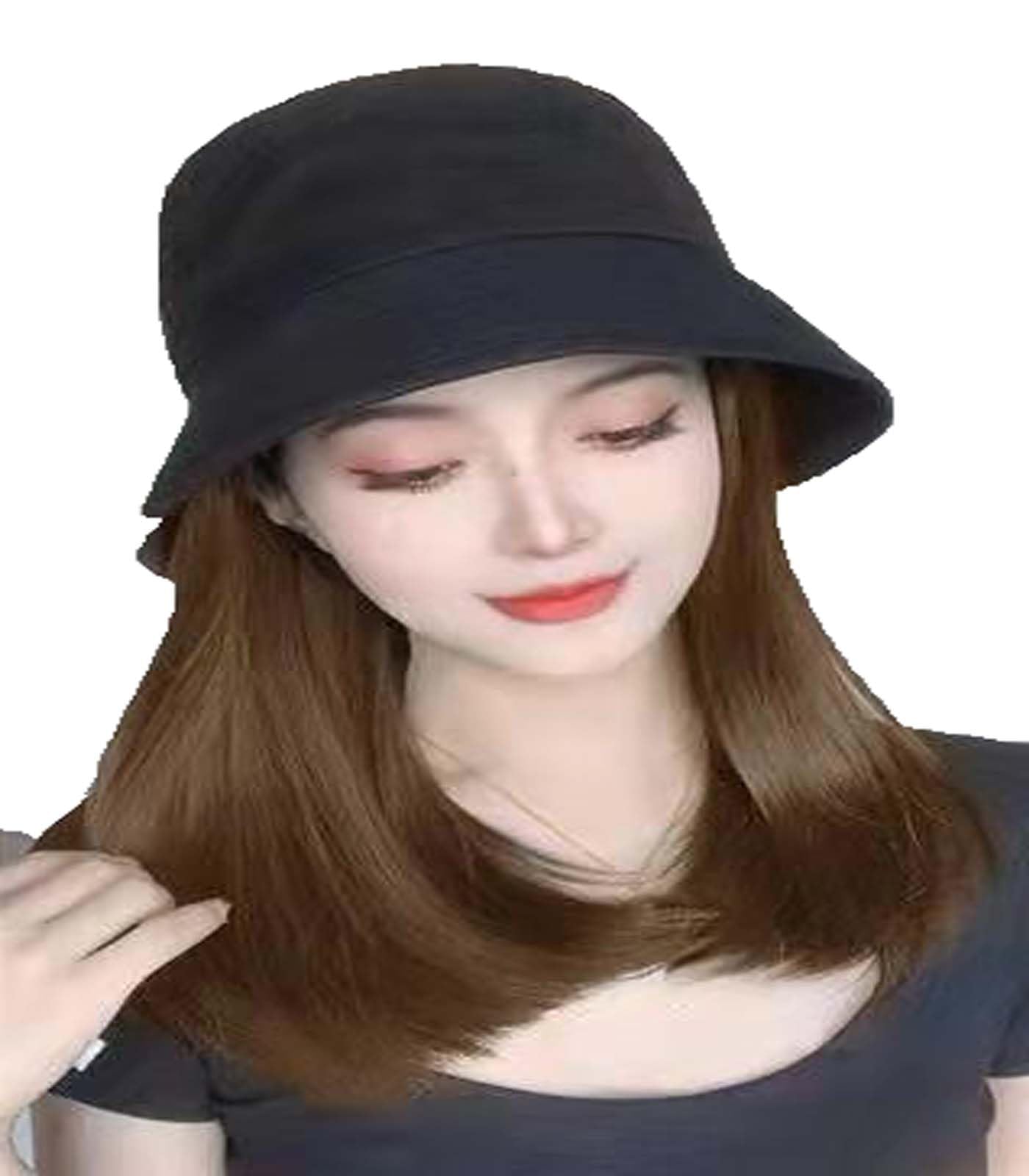 WUODHTW Detachable women's wig hat autumn summer bucket fisherman hat medium length hair with inner buckle collarbone wig