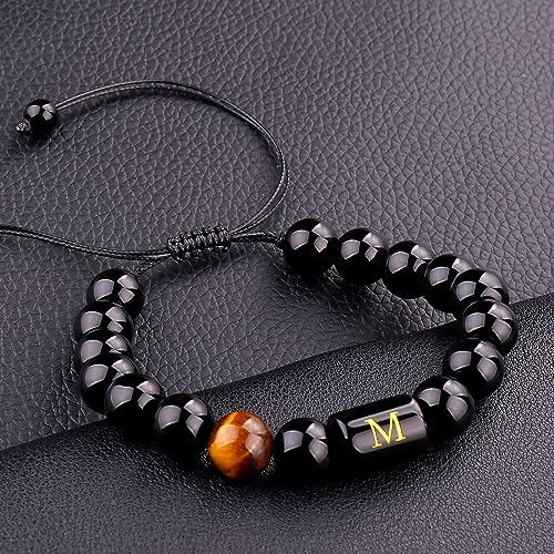10MM Black Onyx Stone Initial Bracelet for Men Letter Link Handmade Tiger Eye Bead Braided Rope Bracelet Gifts Mens Bracelet (M)4