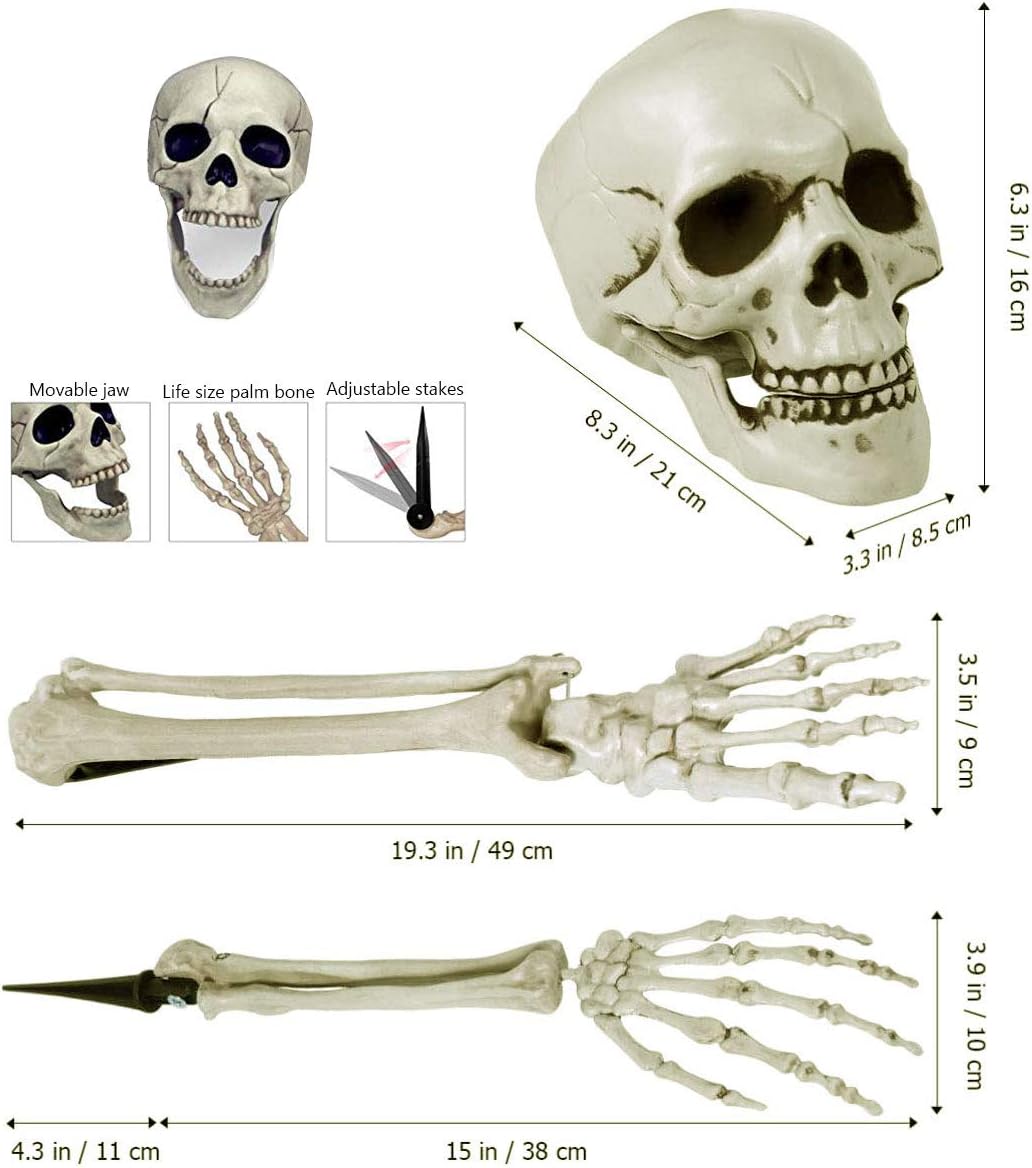 Realistic Skeleton Bones and Skull Halloween Decoration 5 Set, Creepy Graveyard Groundbreaker Include Skull,Arm,Hand,Leg,Feet , Lawn Ground Yard Stake Decor for Thanksgiving Home Outdoor Party Garden