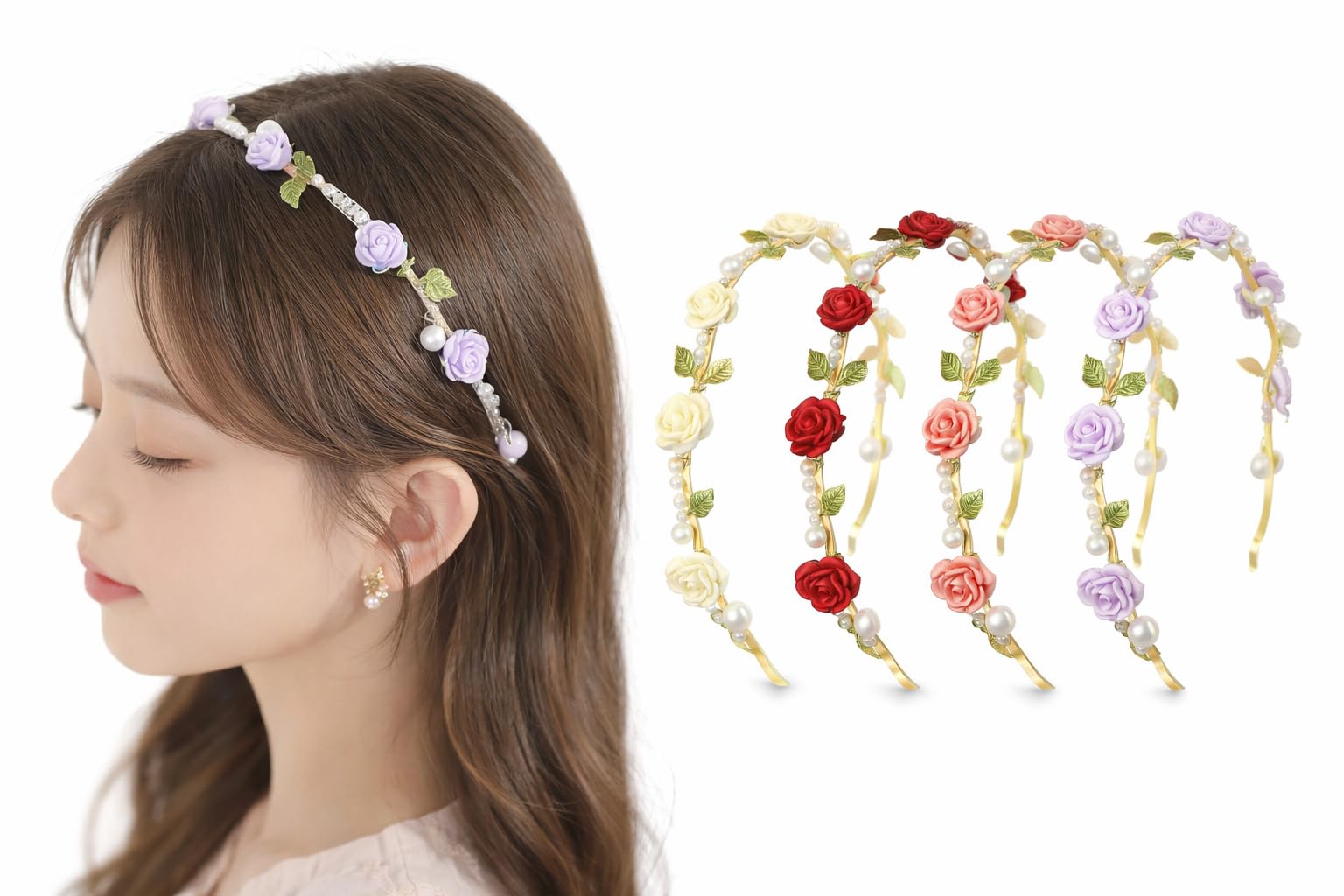Diversa Luxury Floral Pearl Headband for Girls and Women Rose Design with Rhinestones and Leaf Accents Elegant Hair Accessory for Weddings, Parties and gifting (Random Colour)