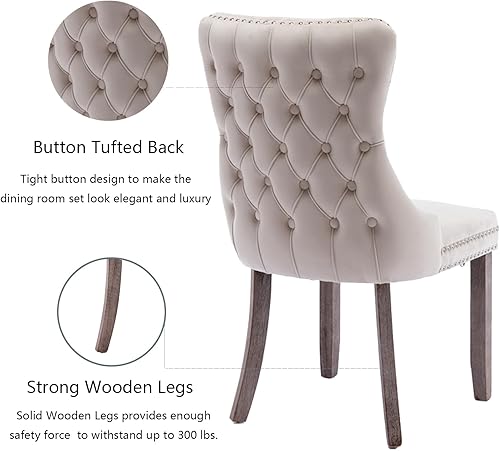 Miniatura 5 de Black Dining Chairs Set of 2, Linen Fabric Upholstered Dining Room Chairs with Back Ring Pull Trim and Solid Wood Legs, Luxury Tufted Kitchen Chair