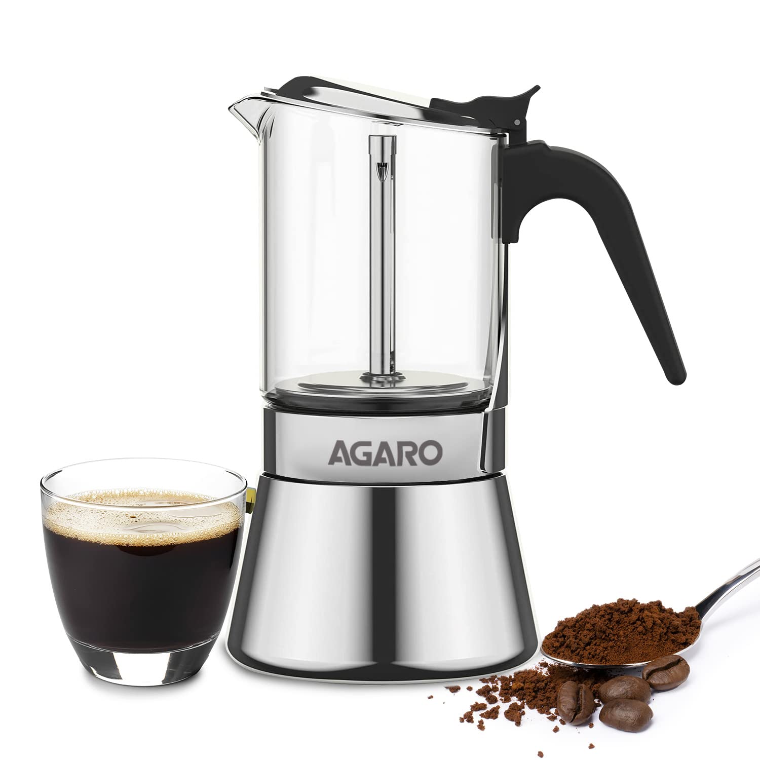 AGARO Imperial Moka Pot, Stovetop & Induction, Espresso Coffee, 240 Ml, Borosilicate Glass & Stainless Steel Built, Italian Style Mocha, Cuban Café Brewing, Stainless steel