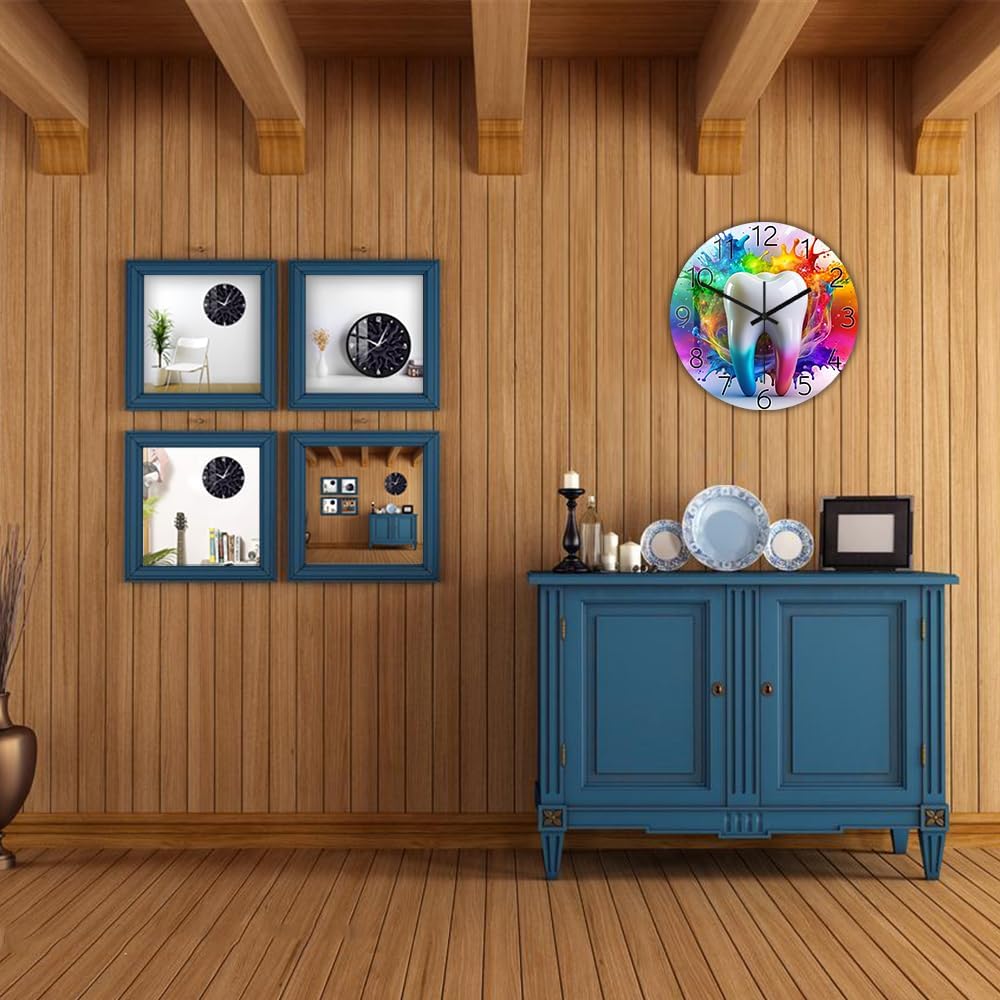 15 Inch Colorful Watercolor Tooth Wall Clock, Dental Care Symbols Dental Clinic Wall Clock Dentistry Tooth Healthy White Teeth Wall Watch Clock Silent Non Ticking Battery Operated for Office