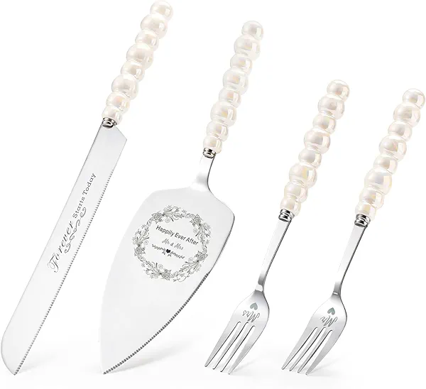 BEKESIN Wedding Cake Knife and Server Set,Ceramic Pearl Handle Cake Cutting Set for Weddings, Engagements, Anniversaries, and Engagement Gifts for Couples